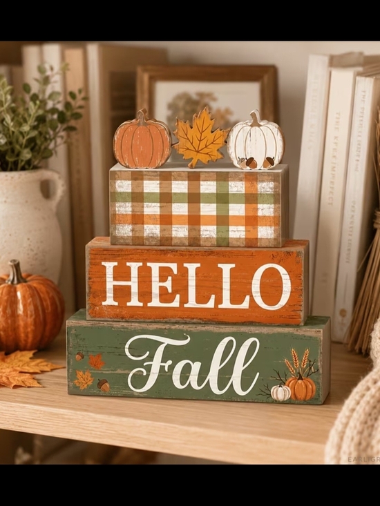 Other - Hello Fall Wooden Block Decor - Orange & Green